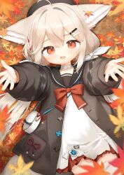 1girl animal_ears black_hat black_jacket commission delfino dress fox_ears fox_girl fox_tail hat jacket leaf long_hair long_sleeves low_twintails open_mouth original reaching reaching_towards_viewer red_eyes sakurada_shiro_(hy_plus) skeb_commission solo tail twintails very_long_hair white_dress