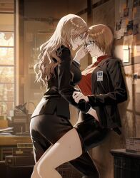 2girls absurdres adjusting_another&#039;s_eyewear against_wall akai_shuuichi black_jacket black_pants black_skirt blonde_hair breasts commentary earrings eye_contact face-to-face fbi formal_clothes from_side grabbing_another&#039;s_arm gun handgun highres holding holding_gun holding_weapon indoors jacket jewelry jodie_starling knee_up kuga_huna lamp lapels large_breasts leg_between_thighs lipstick long_hair long_sleeves looking_at_another makeup medium_breasts meitantei_conan multiple_girls nervous nervous_sweating open_clothes open_jacket pant_suit pants parted_lips pencil_skirt photo_(object) red_lips red_sweater short_hair skirt smile sticky_note suit suit_jacket sunlight sweat sweatdrop sweater thighs vermouth_(meitantei_conan) weapon window_shadow yuri
