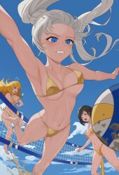 3girls :d :o ball beach_volleyball bikini black_hair blonde_hair blue_eyes blue_sky bouncing_breasts breasts cloud day earrings floating_hair gold_bikini grey_eyes highres jewelry jumping large_breasts medium_breasts multiple_girls navel open_mouth outdoors playing_sports ponytail purple_eyes ruby_rose rwby sand scar scar_across_eye scar_on_face sky smile stomach sweat swimsuit teeth unaligned_breasts volleyball volleyball_(object) volleyball_net wangxiii weiss_schnee white_hair yang_xiao_long