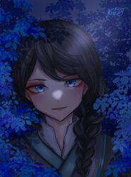 1boy absurdres black_hair blue_eyes blue_flower braid braided_ponytail chinese_clothes feng_huangyu flower highres long_hair looking_at_viewer makeup moved_by_freedom nan_nan ponytail signature single_braid smile solo