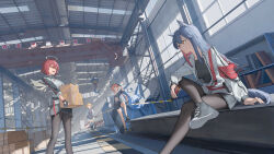 4girls absurdres animal_ears arknights arm_up armband bandeau bingdongluofeiyu black_bandeau black_footwear black_gloves black_pantyhose black_shirt black_shorts black_skirt box cardboard_box chinese_commentary chinese_text collarbone colored_inner_hair commentary croissant_(arknights) crop_top day detached_wings expressionless exusiai_(arknights) factory fingerless_gloves food food_in_mouth foot_up foreshortening frilled_skirt frills garage gloves hair_between_eyes hangar highres holding holding_box holding_food indoors interior jacket ladder leg_up long_hair long_sleeves looking_at_another looking_up midriff mouth_hold multicolored_hair multiple_girls navel open_clothes open_jacket open_mouth orange_eyes orange_hair pantyhose partially_unzipped penguin_logistics_(arknights) pocky pouch purple_hair purple_tail railing red_armband red_eyes red_hair shelf shirt shoe_soles shoes short_hair short_sleeves shorts sidelocks sign sitting skirt smile sneakers sora_(arknights) stairs standing strap sunlight t-shirt tail texas_(arknights) translation_request two-tone_hair white_jacket white_shirt window wings wolf_ears wolf_girl wolf_tail