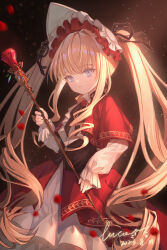 1girl absurdres black_bow black_bowtie black_corset blonde_hair blue_eyes bonnet bow bowtie brooch brown_background cane capelet classic_lolita closed_mouth commentary_request corset cowboy_shot dated dress drill_hair drill_sidelocks expressionless flat_chest flower flower_brooch frilled_dress frilled_sleeves frills gem highres light_particles lolita_fashion long_dress long_hair long_sleeves looking_at_viewer petals red_capelet red_flower red_gemstone red_rose rose rozen_maiden salu627 shinku sidelocks solo twintails very_long_hair white_dress white_headwear