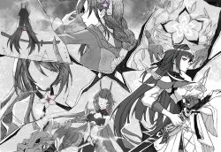 3girls acheron_(honkai:_star_rail) acheron_(izumo)_(honkai:_star_rail) arm_up armor asymmetrical_horns bare_shoulders blunt_bangs bow_(weapon) braid chinese_commentary closed_mouth collarbone commentary detached_sleeves dress dual_persona english_commentary eyeliner faceless faceless_female fay2669127 flower flower_ornament from_behind from_side genshin_impact hair_between_eyes hair_down hair_intakes hair_ornament highres holding holding_sword holding_weapon honkai:_star_rail honkai_(series) honkai_impact_3rd horns in-franchise_crossover japanese_clothes katana kimono long_braid long_hair long_horns long_sleeves looking_at_viewer looking_to_the_side makeup mihoyo mixed-language_commentary monochrome multiple_girls off_shoulder partially_colored procreate_(medium) purple_eyes purple_flower raiden_mei raiden_mei_(apho) raiden_mei_(herrscher_of_thunder) raiden_shogun red_eyeliner red_sash sash sawashiro_miyuki shoulder_armor single_braid standing sword uneven_horns weapon wide_sleeves