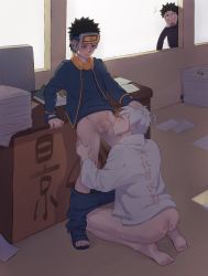 3boys against_desk age_difference ass bare_legs barefoot black_eyes blush caught cloak cum cum_in_ass cum_in_mouth cumdrip desk dual_persona feet goggles goggles_on_head grabbing_another&#039;s_hair hatake_kakashi highres jacket kneeling looking_at_another male_focus multiple_boys naruto_(series) naruto_shippuuden oral pants penis sandals scar scar_across_eye scar_on_face shirt short_hair standing surprised sweat sweatdrop testicles time_paradox toes uchiha_obito uw_bucciarati yaoi aged_down