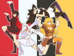 4girls black_hair blake_belladonna blonde_hair boots cape dab_(dance) highres lifting_person long_hair lulu-chan92 multiple_girls red_hair ruby_rose rwby siblings sisters weiss_schnee white_hair yang_xiao_long