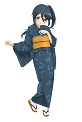 1girl anime_coloring black_hair blue_eyes blush full_body hair_between_eyes hair_ribbon hand_on_own_chest hataraku_maou-sama! head_tilt highres iino_takehiro japanese_clothes kamazuki_suzuno kimono long_hair looking_at_viewer obi official_art open_mouth parted_lips red_ribbon ribbon sash side_ponytail simple_background solo standing transparent_background wide_sleeves