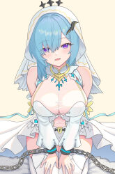 1girl absurdres aqua_hair bare_shoulders bound bound_wrists breasts bridal_veil chain cleavage commentary_request covered_navel detached_sleeves dress epic_seven highres kneeling konjou large_breasts long_hair looking_at_viewer open_mouth purple_eyes see-through_cleavage see-through_clothes see-through_dress senya_(epic_seven) skindentation smile solo thighhighs veil white_dress white_thighhighs yellow_background
