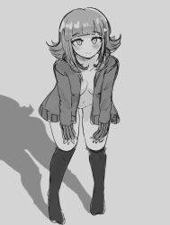 1girl blush breasts collarbone danganronpa_(series) danganronpa_2:_goodbye_despair flipped_hair hair_ornament highres jacket matraart medium_hair mole mole_on_breast naked_jacket nanami_chiaki navel no_shoes open_clothes open_jacket smile solo thighhighs triangle_hair_ornament
