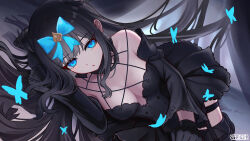 1girl absurdres arcaea bare_shoulders black_dress black_gloves black_hair blue_eyes blunt_bangs bow breasts bug butterfly butterfly_hair_ornament cleavage collarbone commentary_request dress earrings foreshortening garter_straps gloves hair_bow hair_ornament highres insect jewelry long_hair long_sleeves medium_breasts orangewalker solo tairitsu_(arcaea) tairitsu_(tempest)_(arcaea) thighhighs thighs watermark