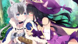 Rule 34 | aki (sakura isekai adventure), animal ears, armor, armored dress, black choker, blush, cat ears, choker, dress, forest, fur jacket, game cg, grabbing another&#039;s arm, green eyes, grey eyes, grey hair, hat, highres, inma, jacket, mina (sakura isekai adventure), multicolored hair, nature, official art, sakura isekai adventure, wizard hat