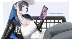 1girl absurdres alternate_costume baseball_cap black_jacket blue_hair blunt_bangs breasts cleavage colored_inner_hair cup denim drinking_straw earrings grey_pants hat highres holding holding_cup hololive hololive_english inzoi jacket jeans jewelry large_breasts laundry_cart long_hair multicolored_hair open_clothes open_jacket ouro_kronii pants reclining shirt sidelocks solo stud_earrings white_hat white_shirt zenya