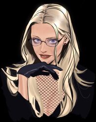 1girl black_background black_dress black_gloves blonde_hair closed_mouth commentary dress earrings eyelashes fishnet_top fishnets glasses gloves highres jewelry kalifa_(one_piece) long_hair looking_at_viewer one_piece popsweetyio red_lips simple_background solo symbol-only_commentary upper_body