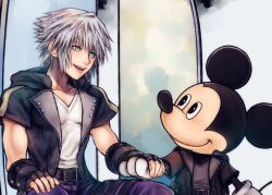 2boys belt belt_buckle black_belt black_eyes black_gloves black_jacket blue_pants buckle disney eye_contact fingerless_gloves gloves green_eyes grey_hair grey_shirt holding_hands hood hooded_jacket jacket kingdom_hearts kingdom_hearts_iii lapels looking_at_another male_focus mickey_mouse mim_(mimya0600) mouse_boy multiple_boys open_clothes open_jacket open_mouth pants riku_(kingdom_hearts) shirt short_sleeves sitting smile teeth thigh_belt thigh_strap unzipped upper_teeth_only v-neck white_gloves white_shirt zipper