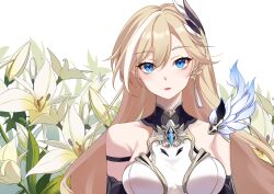 1girl absurdres armor armored_dress blonde_hair blue_eyes blue_hair breasts dress durandal_(honkai_impact) durandal_(palatinus_equinox)_(honkai_impact) earrings flower hair_ornament highres honkai_(series) honkai_impact_3rd jewelry large_breasts long_hair looking_at_viewer simple_background single_earring solo upper_body white_background white_dress white_flower xuan_xuan_xuan_za