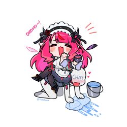 1girl 1other :3 :d all_fours artist_name black_pantyhose blush blush_stickers bucket chibi chibi_only closed_eyes commentary crossed_legs english_commentary highres hololive hololive_english horns irys_(hololive) irys_(maid)_(hololive) long_hair maid_headdress open_mouth pantyhose pink_hair pointy_ears shibedraws simple_background sitting sitting_on_person smile twitter_username virtual_youtuber water white_background