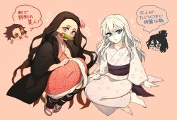 2boys 2girls black_hair blue_eyes brother_and_sister daki_(kimetsu_no_yaiba) goshiko86g gyuutarou_(kimetsu_no_yaiba) japanese_clothes kamado_nezuko kamado_tanjirou kimetsu_no_yaiba kimono long_hair multiple_boys multiple_girls pink_eyes pink_kimono siblings sitting white_hair white_kimono