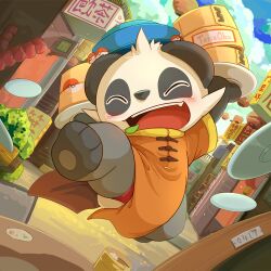 bamboo_steamer blue_hat blush china_dress chinese_clothes closed_eyes clothed_pokemon dress fang food gen_6_pokemon happy hat mokechi nintendo no_humans open_mouth orange_dress outdoors pancham plate poke_ball poke_ball_(basic) pokemon pokemon_(creature) steamed_bun