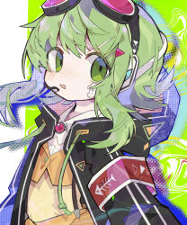 1girl abstract_background absurdres armband black_jacket brooch collared_shirt commentary cropped_jacket drawstring fish_skeleton_print goggles goggles_on_head green_background green_eyes green_hair gumi halftone headset highres hood hood_down hooded_jacket jacket jewelry long_sleeves looking_at_viewer looking_to_the_side medium_hair microphone open_clothes open_jacket open_mouth orange_jacket orange_skirt red_armband shirt sidelocks sideways_glance skirt skirt_set smile solo soresaki upper_body vocaloid white_shirt