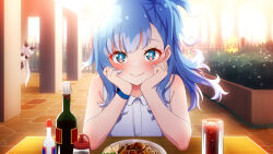 3girls absurdres blonde_hair blue_eyes blue_hair bottle bush closed_mouth cup drink drinking_glass evening food grey_hair highres hololive hololive_indonesia kaela_kovalskia kobo_kanaeru long_hair multiple_girls outdoors plate shirt sleeveless sleeveless_shirt smile snkagawa sunglasses table vestia_zeta virtual_youtuber watch white_shirt wristwatch