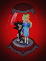 1boy 1girl black_fur blonde_hair blue_dress blue_jacket blue_shoes dress full_body gloves hedgehog_boy holding_hands item_box_(sonic) jacket long_hair looking_at_another maria_robotnik nabe0915199212 puffy_short_sleeves puffy_sleeves red_background red_eyes red_fur shadow_the_hedgehog shoes short_sleeves sonic_(series) standing two-tone_fur white_gloves