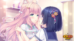 2girls animal_ear_fluff animal_ears bell black_hair blush bow buttons cat_ears cat_girl fraise_(nekopara) game_cg green_eyes hair_bow hair_ornament hairclip hand_on_another&#039;s_face imminent_kiss indoors interlocked_fingers looking_at_another minazuki_shigure multiple_girls neck_bell nekopara official_art pink_hair purple_eyes sailor_collar sayori_(neko_works) school_uniform serafuku short_sleeves slit_pupils watermark wavy_hair white_bow yuri