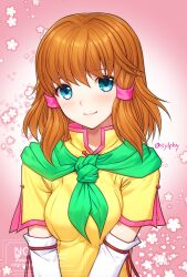 1girl artist_name blue_eyes blush brown_hair capelet closed_mouth dress fire_emblem fire_emblem:_path_of_radiance green_capelet highres looking_at_viewer mist_(fire_emblem) nintendo short_hair short_sleeves simple_background smile solo sylphy_fe upper_body yellow_dress