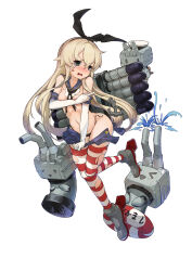 1girl :o absurdres anger_vein angry areola_slip bare_shoulders between_legs black_eyes black_hairband black_neckerchief black_panties black_ribbon blonde_hair blue_sailor_collar blue_skirt blush covered_erect_nipples covering_breasts covering_privates cropped_shirt elbow_gloves embarrassed facing_to_the_side falling full_body gloves green_eyes hair_between_eyes hair_ribbon hairband hand_between_legs hand_up high_heels highleg highleg_panties highres hip_focus kantai_collection kicking knees_together_feet_apart leaning_forward legs long_hair microskirt middle_finger midriff miniskirt navel neckerchief nipple_slip nipples no_bra open_mouth panties pleated_skirt putoya rensouhou-chan ribbon rigging sailor_collar school_uniform serafuku shimakaze_(kancolle) ship_turret shirt skirt skirt_hold sleeveless sleeveless_shirt solo splashing standing standing_on_one_leg stomach striped_clothes striped_thighhighs thighhighs thighs tiptoes torn_clothes torn_neckerchief torn_panties torn_shirt torn_skirt torn_thighhighs torpedo_launcher unbuttoned underwear very_long_hair wardrobe_malfunction white_gloves white_serafuku