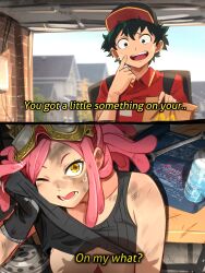 Rule 34 | 1boy, 1girl, 2koma, absurdres, accidental exposure, bag, bare shoulders, baseball cap, black gloves, blue sky, blueprint (object), boku no hero academia, breasts, clothes lift, comic, commentary, crosshair pupils, day, delivery, dirty, dirty face, employee uniform, english text, exhibitionism, fast food uniform, flashing, freckles, garage, gloves, goggles, goggles on head, grease (mechanical), green hair, hat, hatsume mei, highres, holding, holding bag, house, insulated delivery bag, khyle., killdozer, large breasts, mcdonald&#039;s, mechanical (job), midoriya izuku, no bra, one eye closed, out-of-frame censoring, paid reward available, paper bag, pink hair, public indecency, red shirt, shirt, sky, spray can, subtitled, sweat, upper body, wrench, yellow eyes