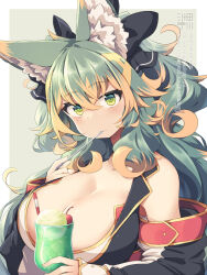 1girl animal_ear_fluff animal_ears black_bow bow breasts cleavage commentary_request detached_sleeves eating food green_background green_eyes green_hair hair_between_eyes hair_bow holding holding_spoon kuromiya kuromiya_raika_(kuromiya) large_breasts long_hair looking_at_viewer multicolored_hair orange_hair original simple_background solo sorbet spoon two-tone_hair upper_body