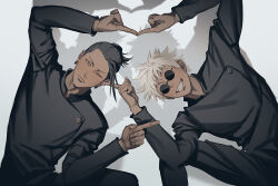 2boys arms_up black_hair black_jacket black_pants closed_mouth cowboy_shot ear_piercing finger_in_ear frown fusion_dance getou_suguru gojou_satoru grin hair_bun hair_pulled_back highres jacket jujutsu_kaisen jujutsu_tech_uniform lisa_buijteweg long_sleeves looking_at_viewer male_focus multiple_boys one_eye_closed pants piercing round_eyewear school_uniform short_hair smile sunglasses teeth v-shaped_eyebrows white_background white_hair