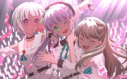 3girls :d :o ;d ^_^ absurdres aqua_ascot aqua_ribbon ascot audience bare_shoulders beret bob_cut brown_hat closed_eyes clothing_cutout collarbone colored_inner_hair commentary_request dream_believers dress flower frilled_ascot frills fujishima_megumi glowstick green_eyes hair_bun hair_flower hair_ornament hat highres holding holding_microphone hug hug_from_behind inverted_bob link!_like!_love_live! long_sleeves looking_at_another love_live! microphone morio_(mmorio_mu) multicolored_hair multiple_girls neck_ribbon official_alternate_costume one_eye_closed open_mouth otomune_kozue penlight_(glowstick) pink_dress pinstripe_ascot pinstripe_ribbon purple_hair red_flower red_hair ribbon short_hair short_sleeves shoulder_cutout side_ponytail sidelocks single_side_bun smile star_(symbol) star_hair_ornament streaked_hair streamers tassel tassel_hair_ornament teeth upper_teeth_only virtual_graduation_commemoration virtual_youtuber white_hair yugiri_tsuzuri
