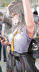 1girl arm_up armpit_focus armpits backpack bag black_bag black_jacket black_nails bra bra_peek breast_pocket closed_mouth clothes_around_waist commentary_request from_side grey_hair grey_skirt highres honkai:_star_rail honkai_(series) jacket jacket_around_waist kabu_usagi long_hair looking_at_phone multicolored_nails nail_polish paid_reward_available phone pocket school_uniform shirt signature skirt solo solo_focus stelle_(honkai:_star_rail) trailblazer_(honkai:_star_rail) train_interior underwear white_shirt yellow_eyes yellow_nails