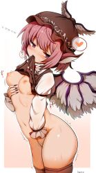 1girl absurdres animal_ears ass bird_ears bird_wings breasts brown_dress brown_thighhighs dress female_masturbation hagure_kedama hand_on_own_chest hand_on_own_crotch highres masturbation medium_breasts mystia_lorelei pink_hair purple_eyes sleeve_garter sweat thighhighs touhou trembling white_wings winged_hat wings