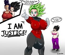 2futa ass bed bedroom black_eyes black_hair breasts bulge caulifla diabolussex dragon_ball dragon_ball_super ear_piercing english_text erection erection_under_clothes futanari highres huge_breasts huge_penis huge_testicles kale_(dragon_ball) large_breasts large_penis latex latex_suit long_hair looking_at_viewer multiple_futa muscular muscular_female futa_without_pussy on_bed penis piercing ponytail saiyan speech_bubble stomach_bulge super_saiyan testicles