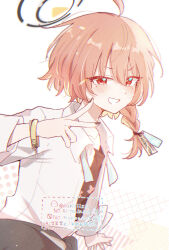 1girl :d ahoge artist_name black_halo black_nails blue_archive blush bracelet braid collared_shirt commentary_request eyelashes eyes_visible_through_hair grin hair_between_eyes halo hand_up happy highres id_card jewelry kuritiizu long_sleeves looking_at_viewer mole mole_under_each_eye mole_under_eye multiple_moles nail_polish neru_(blue_archive) neru_(school_uniform)_(blue_archive) official_alternate_costume open_mouth orange_hair red_eyes school_uniform shirt short_hair simple_background single_braid smile solo tsurime v v-shaped_eyebrows white_background white_shirt