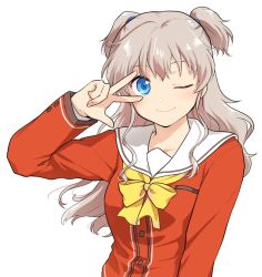 Rule 34 | 1girl, bow, charlotte (anime), grey hair, highres, hoshinoumi academy school uniform, long hair, misaki juri, red shirt, sailor collar, sailor shirt, school uniform, serafuku, shirt, simple background, solo, tomori nao, two side up, upper body, v, v over eye, white background, white sailor collar, yellow bow