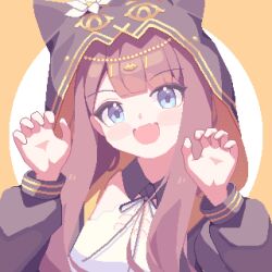 1girl :d arknights arms_up black_jacket black_ribbon blue_eyes blush_stickers border brown_hair chinese_commentary claw_pose commentary_request gold head_chain highres hood hood_up hooded_jacket jacket jewelry long_hair long_sleeves open_mouth outside_border pepe_(arknights) piao_mao pixel_art ribbon smile solo upper_body white_background yellow_border