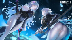 2girls absurdres ass bent_over black_gloves blade_(brown_dust) blue_eyes bodystocking breast_cutout breasts brown_dust_(series) brown_dust_2 cameltoe copyright_name darian_silverstein flower_hairpin gloves hair_ornament highres holding holding_sword holding_weapon large_breasts long_hair looking_at_another matsogum medium_breasts military_uniform multiple_girls night night_sky open_mouth pelvic_curtain petals scabbard sheath siblings sisters sky smile star_(sky) starry_sky sword weapon white_gloves white_hair