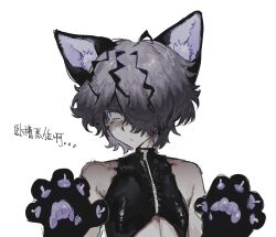 1boy alternate_costume animal_ear_fluff animal_ears animal_hands bare_shoulders black_hair black_jacket cat_ears chinese_commentary chinese_text closed_mouth colored_eyelashes commentary_request cropped_jacket garry_(ib) gloves grey_hair hair_over_one_eye hands_up highres ib_(kouri) jacket male_focus paw_gloves sanpaku short_hair sleeveless sleeveless_jacket solo sweat teardrop translation_request tsurime upper_body xiboliya_suanxing_shengwu zipper zipper_pull_tab
