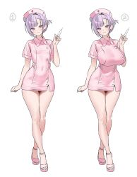 1girl :3 absurdres animal_ears breasts closed_mouth commentary covered_navel grey_eyes hat head_tilt high_heels highres holding holding_syringe kuma_4go large_breasts looking_at_viewer multiple_views nurse nurse_cap original pink_hat pink_shirt pink_shoes purple_hair shirt shoes short_hair short_sleeves sketch small_breasts smile syringe thighs variations walking