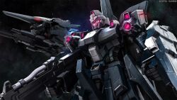 absurdres alternate_form assault_visor beam_rifle cable clenched_hand company_name copyright_notice earth_federation_space_forces energy_gun gundam gundam_battle_operation_2 gundam_unicorn highres holding holding_weapon machinery mecha mecha_focus official_art painting_(medium) realistic red_visor rezel robot scan science_fiction shield space spacecraft starfighter sunrise_(company) tenjin_hidetaka traditional_media transformation weapon zero_gravity