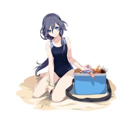 1girl barefoot beach black_hair blue_eyes blue_one-piece_swimsuit breasts cici closed_mouth competition_swimsuit cooler crab fu_hua full_body holding honkai_(series) honkai_impact_3rd long_hair looking_at_viewer one-piece_swimsuit ponytail sand small_breasts starfish swimsuit toes