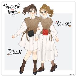 2girls animification bow brown_hair character_name chip_(disney) copyright_name dale_(disney) gender humanization long_sleeves looking_at_viewer meecosme mickey_mouse_&amp;_friends multiple_girls open_mouth ponytail shirt skirt smile swap white_shirt