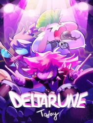 &gt;_&lt; 1boy 1girl 1other absurdres aestheticden black_hair closed_eyes commentary copyright_name deltarune drum drum_set drumsticks english_commentary english_text fangs green_hair grin hair_between_eyes highres holding holding_drumsticks holding_microphone instrument kris_(deltarune) microphone mohawk music open_mouth pink_hair playing_bass_guitar playing_drum playing_instrument ralsei singing skull smile susie_(deltarune)