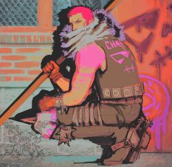 1boy artist_name belt black_boots black_pants black_vest boots bracelet brick_wall charlotte_katakuri commentary covered_mouth facial_scar gloves graffiti highres holding holding_weapon jewelry kneeling looking_to_the_side male_focus mewiyev one_piece pants pink_eyes pink_hair red_gloves scar scar_on_cheek scar_on_face short_hair sideburns sideways_glance sleeveless solo spiked_bracelet spikes spurs very_short_hair vest weapon