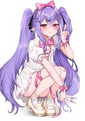 Rule 34 | 1girl, absurdres, blush, bow, breasts, commission, deogho (liujinzy9854), dress, dungeon and fighter, full body, hair bow, hair ornament, highres, holding, holding phone, long hair, looking at viewer, nail polish, phone, pink bow, pointy ears, purple hair, red eyes, short sleeves, simple background, small breasts, smile, solo, squatting, tongue, tongue out, twintails, white background, white dress