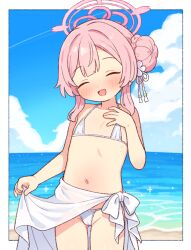 1girl :d ^_^ aged_down beach blue_archive blue_sky blush closed_eyes cloud day flat_chest halo loli mimori_(blue_archive) navel no_wings ocean onyhakase open_mouth outdoors pink_halo sky smile standing