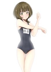 1girl :o blue_one-piece_swimsuit blush commentary_request competition_school_swimsuit feet_out_of_frame gondou_asami green_eyes green_hair highres looking_at_viewer make_heroine_ga_oo_sugiru! medium_hair name_tag one-piece_swimsuit school_swimsuit simple_background solo sora_(85084118) standing stretching swimsuit thighs white_background