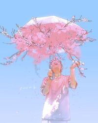 1boy arms_up blue_background branch cherry_blossoms closed_mouth covered_face cowboy_shot dated falling_petals flower highres holding holding_umbrella light_brown_hair original petals pink_flower pink_shirt rido_(ridograph) shirt short_hair short_sleeves umbrella umbrella_flower