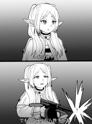 Rule 34 | 1girl, absurdres, capelet, dress, earrings, elf, frieren, greyscale, gun, highres, holding, holding gun, holding weapon, jesus revenge (meme), jewelry, long hair, looking ahead, meme, monochrome, open mouth, parted bangs, pointy ears, sidelocks, solo, sousou no frieren, stupid movie sequels, submachine gun, tenten (chan4545), thompson submachine gun, twintails, upper body, weapon
